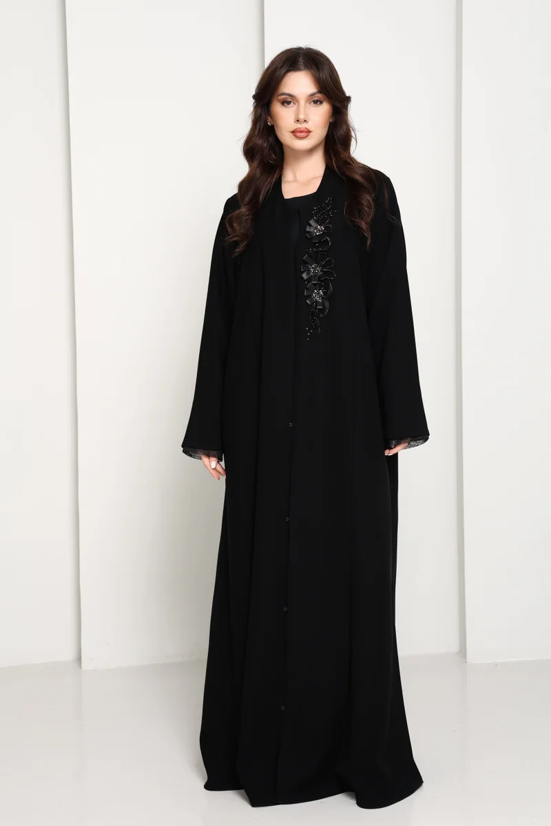 Black Open Abaya with Asymmetrical Floral Bead & Ribbon Embellishment