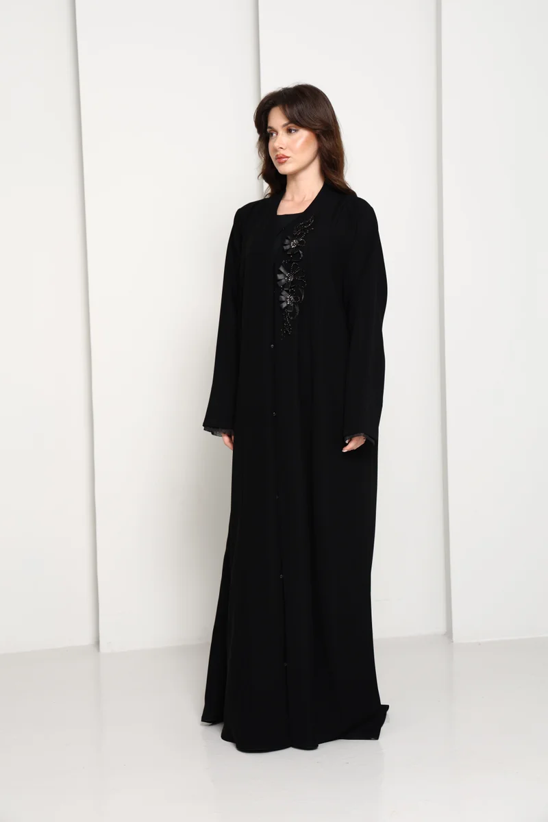 أم سكوير فاشن Black Open Abaya with Asymmetrical Floral Bead & Ribbon Embellishment
