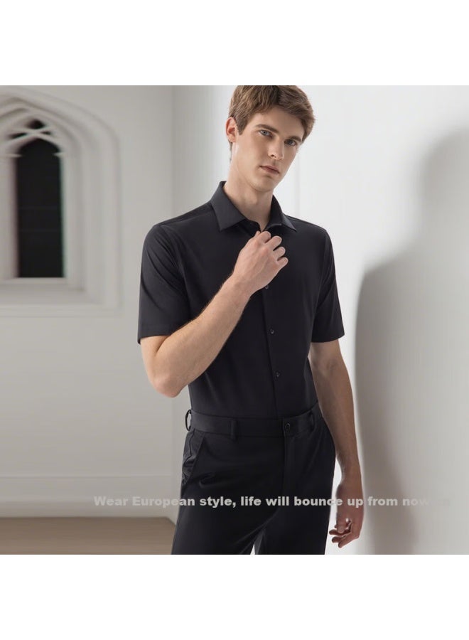 Ouding First-class High-elastic Shirt, Wolf King Black, Men's High-elastic Wrinkle-free Black Short-sleeve Summer Shirt, Wolf King Black Solid Color, Size 44 - Image 1
