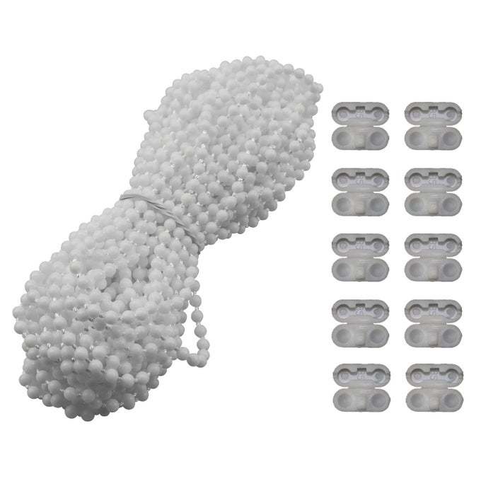 BLINDS PULL BEAD CHAIN REPAIRER KIT 10 METER 1094 YARDS PLASTIC ROLLER BLIND ROMAN VERTICAL SHADE BEADED CHAIN PULL CORD WINDOW CURTAIN BEADS ROPE WITH 10PCS CONNECTORS WHITE