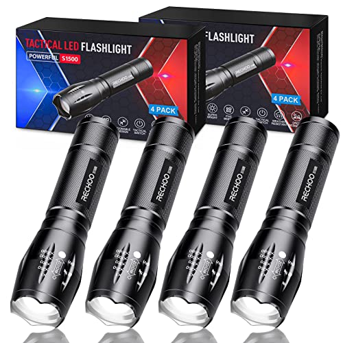 RECHOO Tactical Flashlight 4 Pack, Bright Zoomable LED Flashlight with High Lumens and 5 Modes, Waterproof Portable Pocket Flash Light for Emergency, Camping, and Outdoor Use - S1500 - Image 1