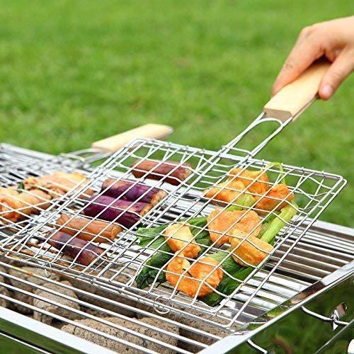RHYDON Barbecue Grilling Net Portable Stainless Steel Grill Net Folding BBQ Grill Net BBQ Accessories with Wooden Handle for Roast Fish Vegetable Shrimp Seafood - Image 3