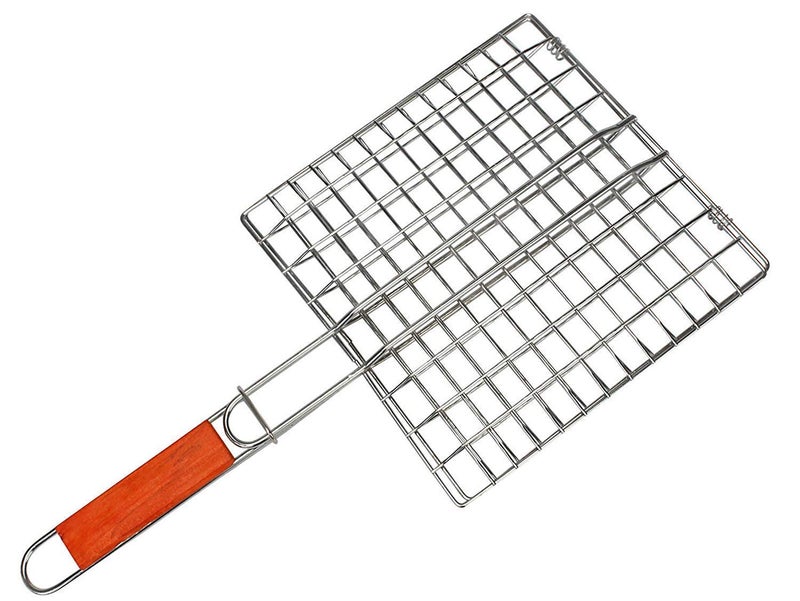 RHYDON Barbecue Grilling Net Portable Stainless Steel Grill Net Folding BBQ Grill Net BBQ Accessories with Wooden Handle for Roast Fish Vegetable Shrimp Seafood - Image 1