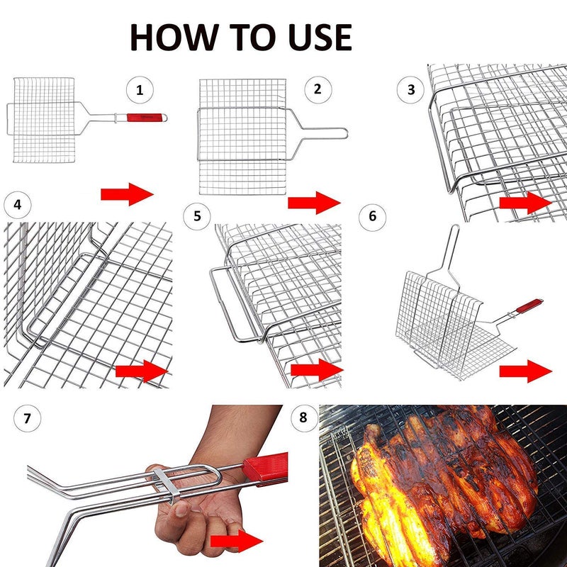 RHYDON Barbecue Grilling Net Portable Stainless Steel Grill Net Folding BBQ Grill Net BBQ Accessories with Wooden Handle for Roast Fish Vegetable Shrimp Seafood - Image 5