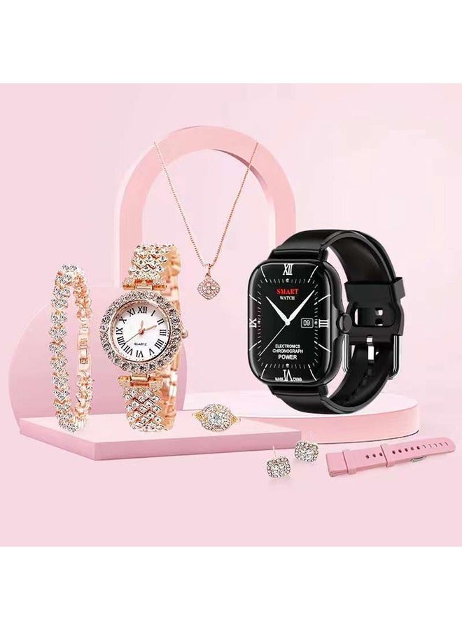 Arabest 7 in 1 Ultra Watch Series 9 Smart Watch for Women and Golden Mechanical Watch with Silicon Band and 1 Golden Bracelet and 1 Pendant and 1 pair of Stud Earrings and ring (Black)  - Image 1