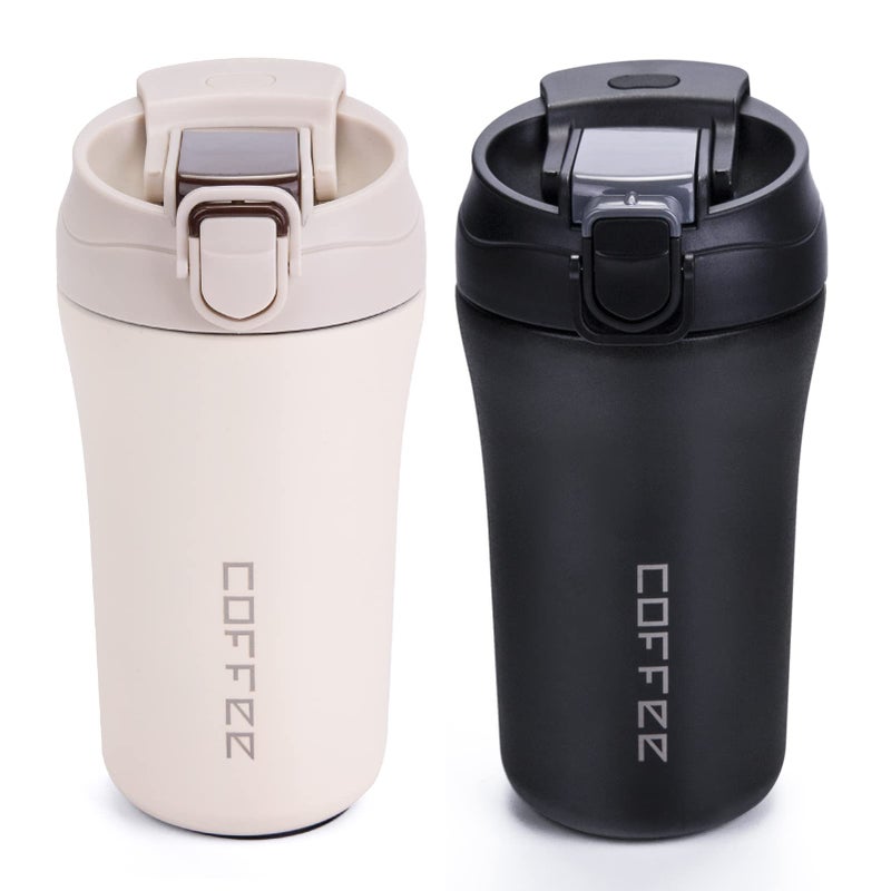 XPIY 14 oz Travel Coffee Mug, 2 Pack Vacuum Insulated Coffee Travel Mug Spill Proof with Lid and Straw, Stainless Steel Reusable Coffee Tumbler for Hot and Cold Drinks, Gift for Men and Women(Black White) - Image 1