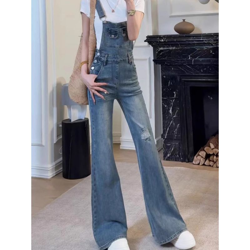 French-Style Spring And Retro High-Waisted Ripped Niche Design Fashionable Casual Slim-Fit Denim Overalls