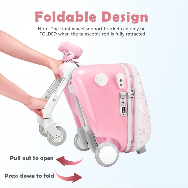 AODI Kids Ride-on Luggage with Seat, 20 inch Carry On Suitcase, 2-in-1 Children's Luggage with Shockproof Silent Wheels and Guardrail for Airplane & Travels - Image 4
