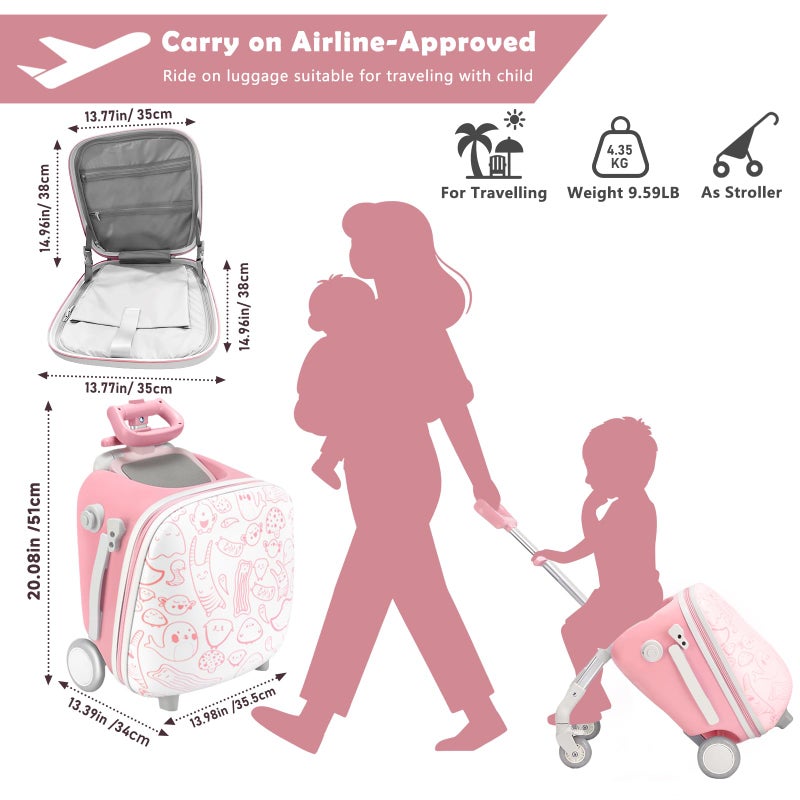 AODI Kids Ride-on Luggage with Seat, 20 inch Carry On Suitcase, 2-in-1 Children's Luggage with Shockproof Silent Wheels and Guardrail for Airplane & Travels - Image 2