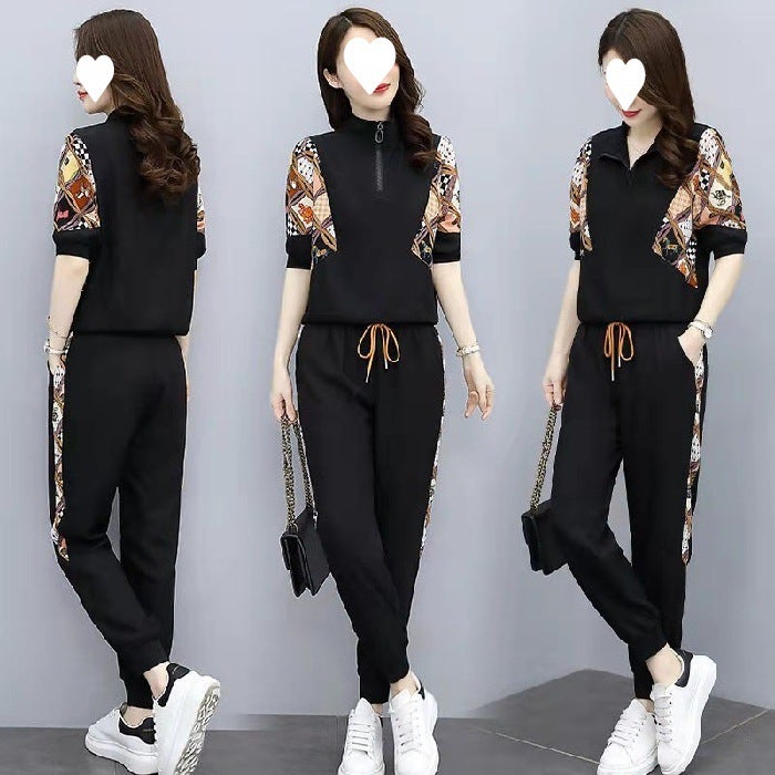 Fashion suit pants womens summer new womens age-reducing foreign-style sports leisure two-piece set a generation of stickers Black - Image 1