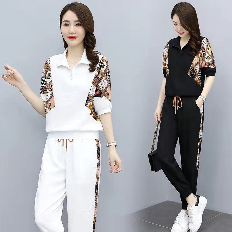 Fashion suit pants womens summer new womens age-reducing foreign-style sports leisure two-piece set a generation of stickers Black - Image 4