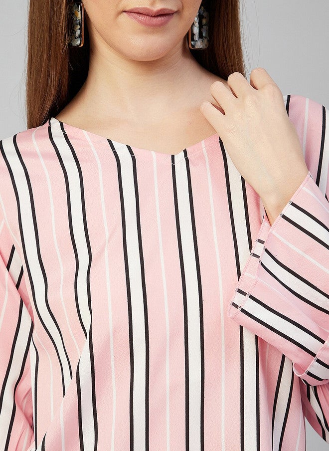 CHIMPAAANZEE Pink & White Striped V Neck Bell Sleeves Regular Top - Image 2