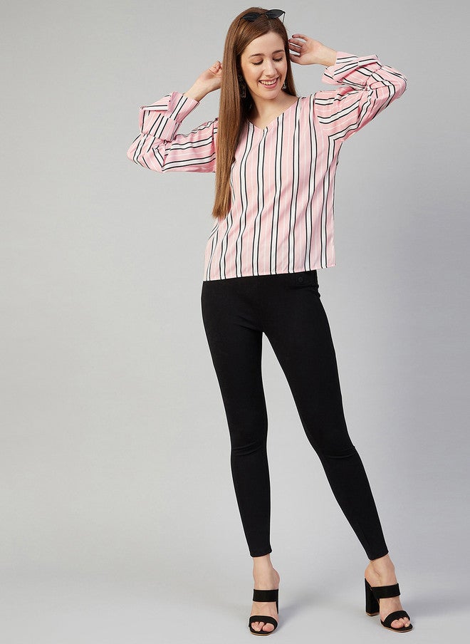 CHIMPAAANZEE Pink & White Striped V Neck Bell Sleeves Regular Top - Image 5