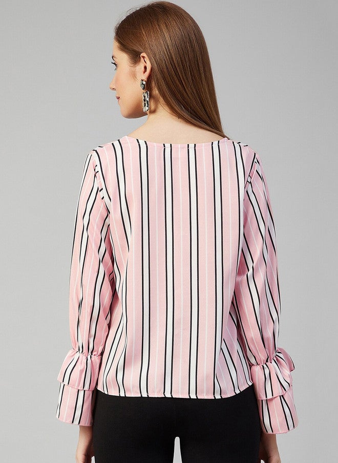 CHIMPAAANZEE Pink & White Striped V Neck Bell Sleeves Regular Top - Image 4