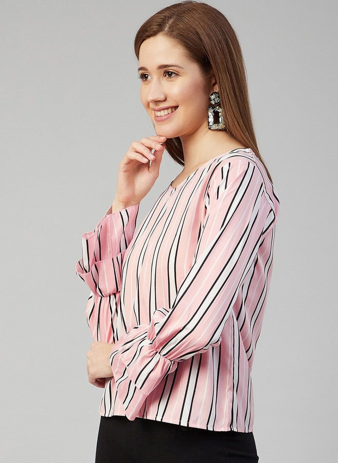 CHIMPAAANZEE Pink & White Striped V Neck Bell Sleeves Regular Top - Image 1
