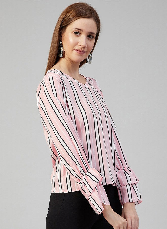 CHIMPAAANZEE Pink & White Striped V Neck Bell Sleeves Regular Top - Image 3