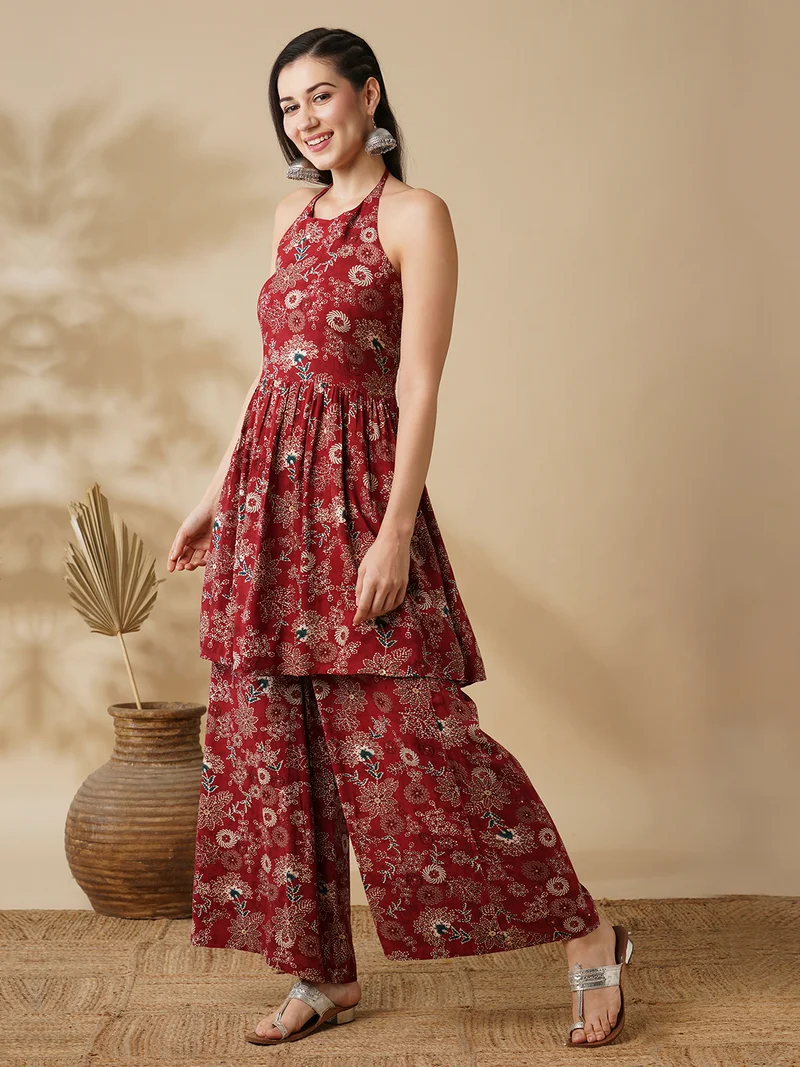 globus Women Floral Printed Halter Neck Sleeveless Tunic With Palazzo