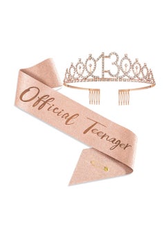 13th Birthday Suit Shoulder Belt and Crown for Girls Rose Gold Fabulous Decoration Satin Sash Gifts for Happy 13th Birthday Party Favor Supplies