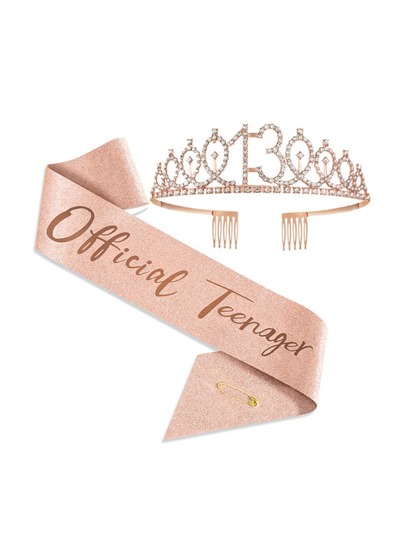 SYOSI - 13th Birthday Suit Shoulder Belt and Crown for Girls Rose Gold Fabulous Decoration Satin Sash Gifts for Happy 13th Birthday Party Favor Supplies - Image 1