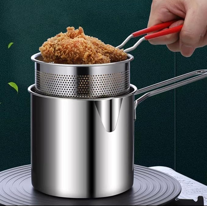 Soaex Deep Frying Pot with Strainer Basket - 1200ml Stainless Steel Pan with Handle for Frying French Fries, Shrimp, Fish, Boiling Butter, Sauces, Gravies, Pasta - Image 1