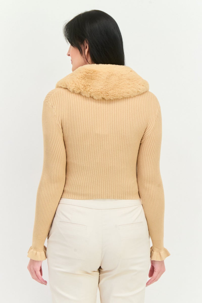 Miss Selfridge Women Tie Neck Faux Fur Cardigan , Tan - Image 4