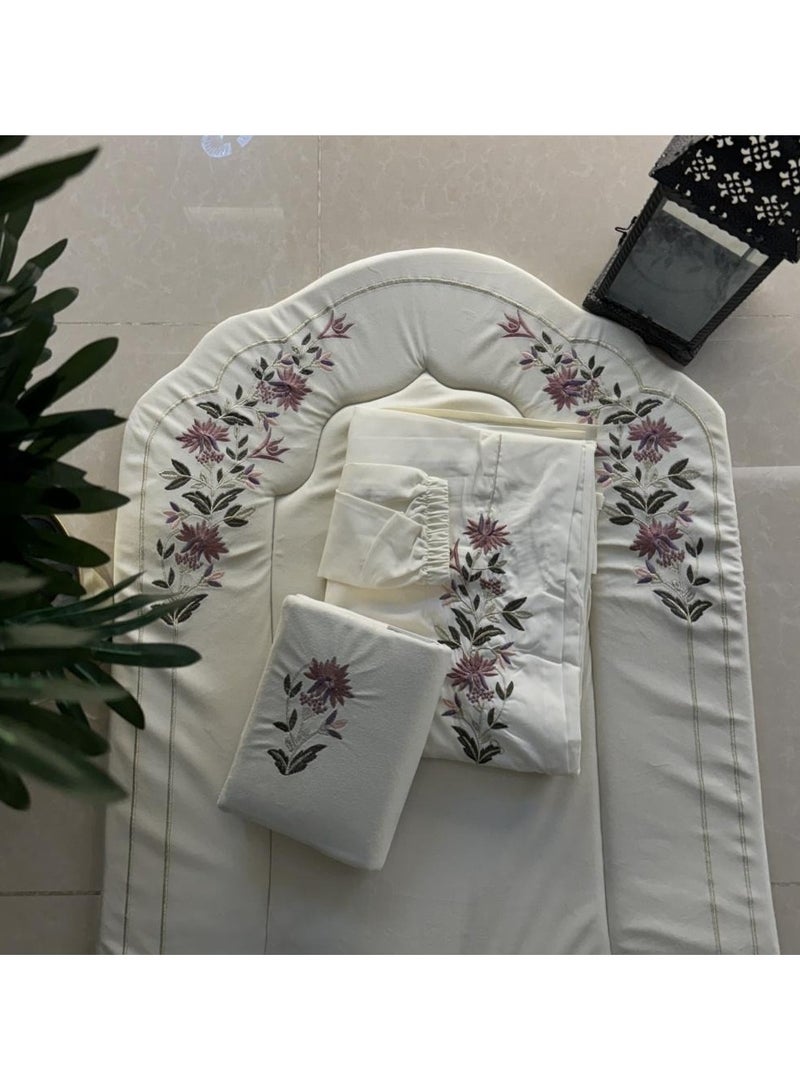 Luxury embroidered prayer rug set, 3 pieces - off-white - Image 1
