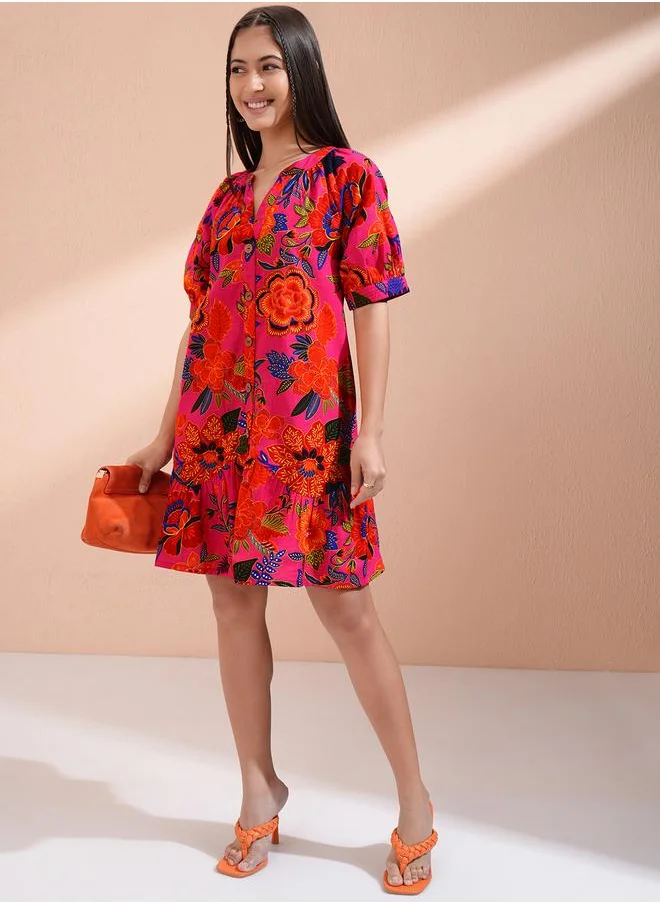 فيشود Vishudh Women Floral Print Puff Sleeves Cotton A-Line Mini Dress