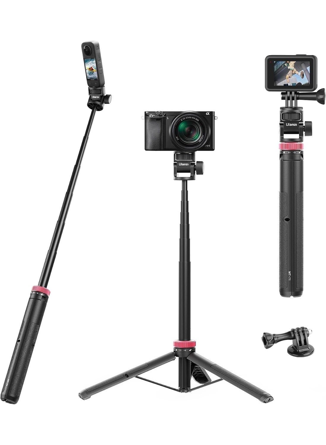 ULANZI Select 59in Selfie Tripod for Camera - MT-71 Invisible Long Extendable Selfie Vlog Handle Portable Lightweight Tripod Stand 7 Sections for Action Cameras