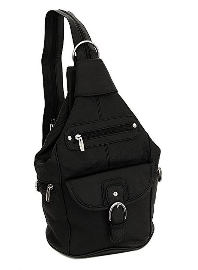 Roma Leathers Womens Leather Convertible 7 Pocket Medium Size Tear Drop Sling Backpack Purse Shoulder Bag, Black - Image 1