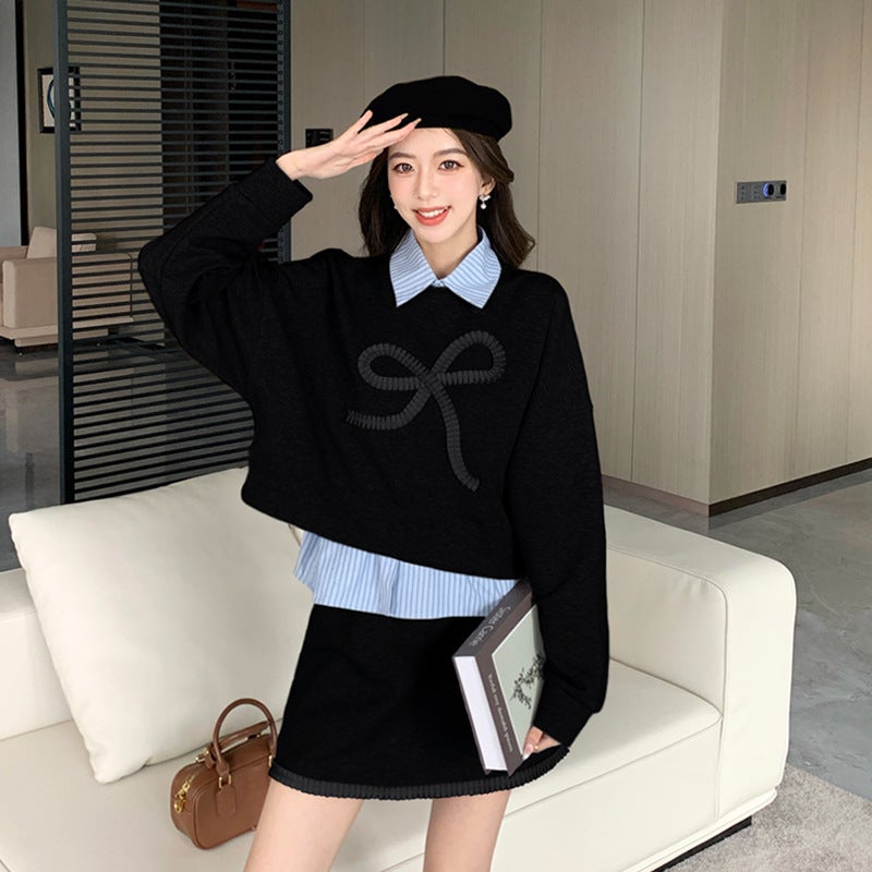 2024 Autumn and Winter New Korean Style Casual Elegant Age-reducing Sweatshirt Skirt Shirt Three-piece Set for Women Black short style