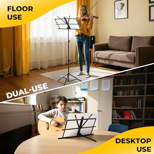 CAHAYA Portable Sheet Music Stand - Dual-Use Desktop/Floor Music Stand Height Adjustable Book Holder Folding with Carrying Bag and Clip for Students Musicians Outdoor Performances - Image 2