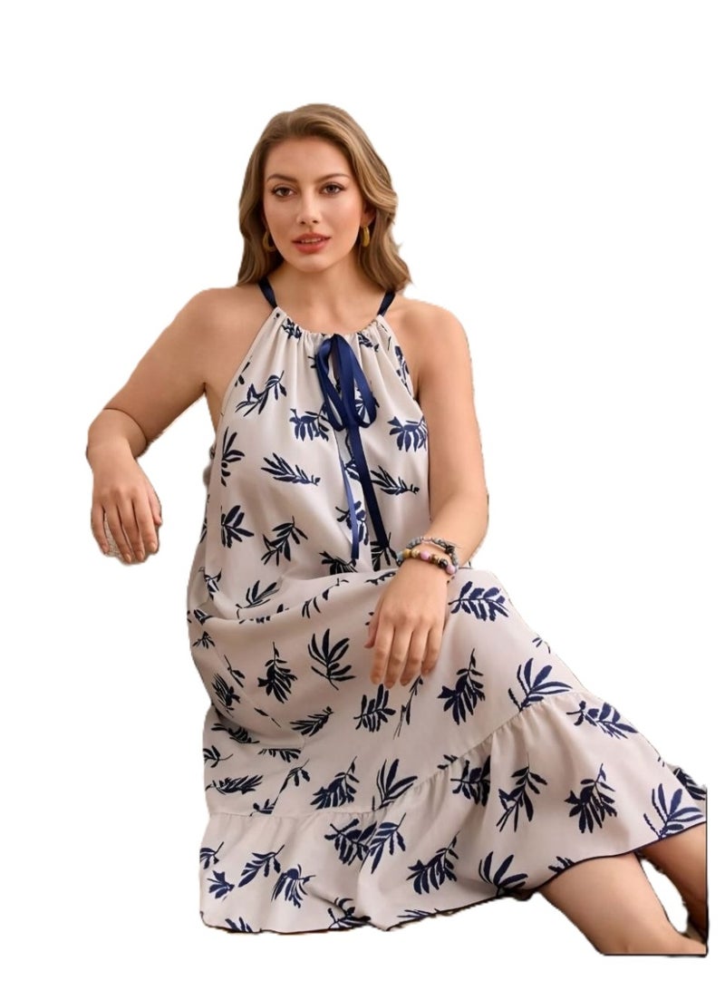 Women's Lightweight Summer Dress with Dark Blue Leaf Print and Tie-Neck - Image 2
