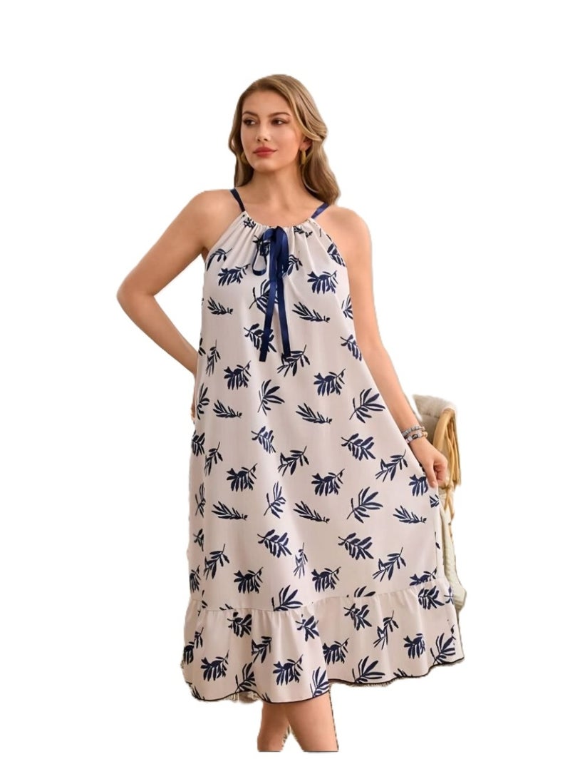 Women's Lightweight Summer Dress with Dark Blue Leaf Print and Tie-Neck - Image 4