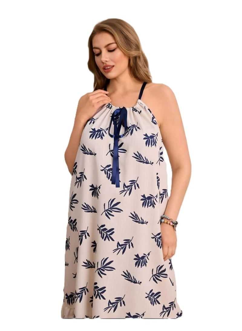 Women's Lightweight Summer Dress with Dark Blue Leaf Print and Tie-Neck - Image 3