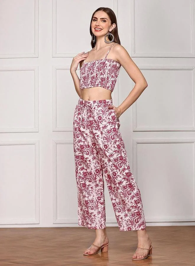 Ishin Pink Ishin Floral Print Smocked Crop Top with Pants and Tunic Co-Ords for Women | Best Price UAE