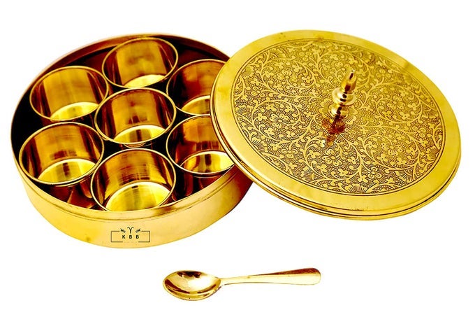 PURE BRASS MASALA BOX SET WITH BRASS SPOON SPICE BOX MASALA DANI DABBA 50ML EACH CONTAINER CAPACITY 7 CONATINER