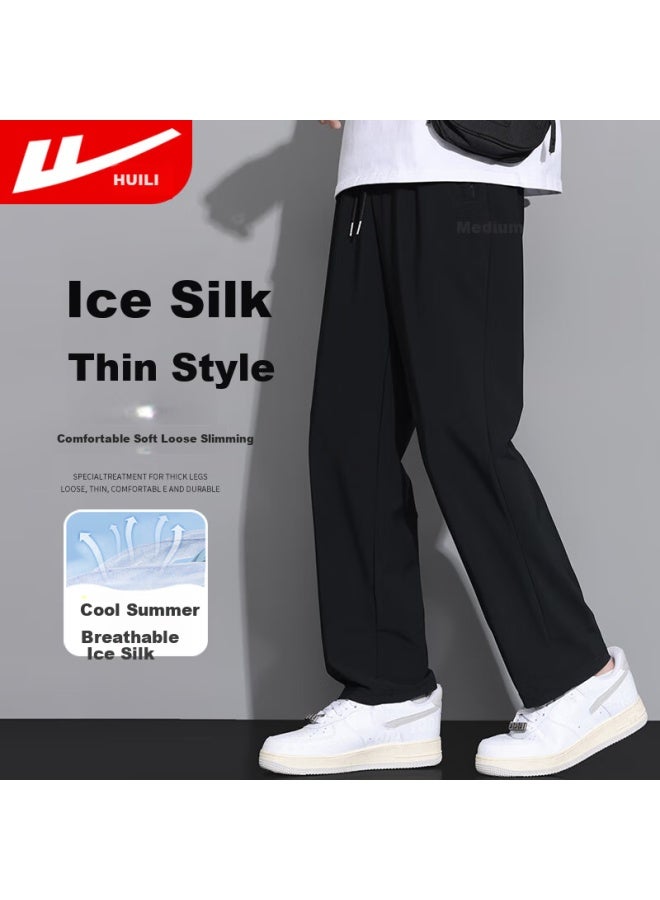 Pull Back Warrior Casual Pants Men Summer Thin Loose Straight Pants Men All-match Breathable Wide Leg Ice Silk Men's Pants Black L - Image 2