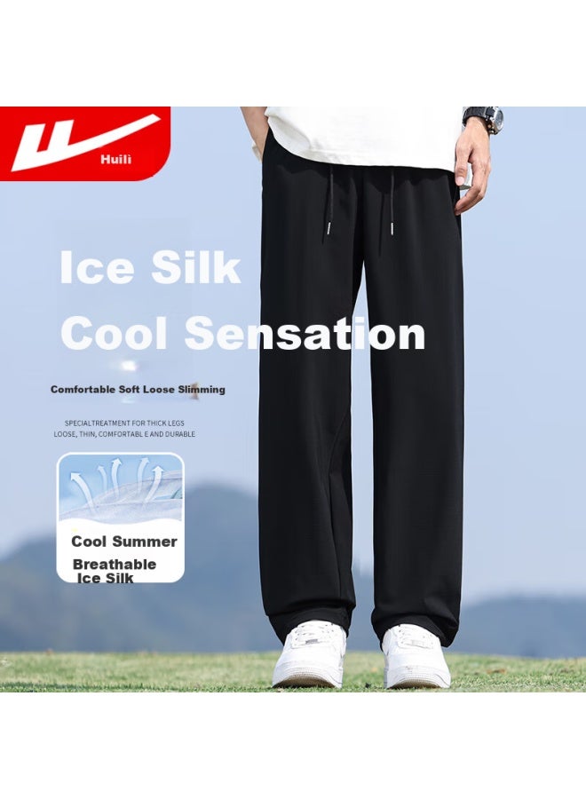 Pull Back Warrior Casual Pants Men Summer Thin Loose Straight Pants Men All-match Breathable Wide Leg Ice Silk Men's Pants Black L - Image 1