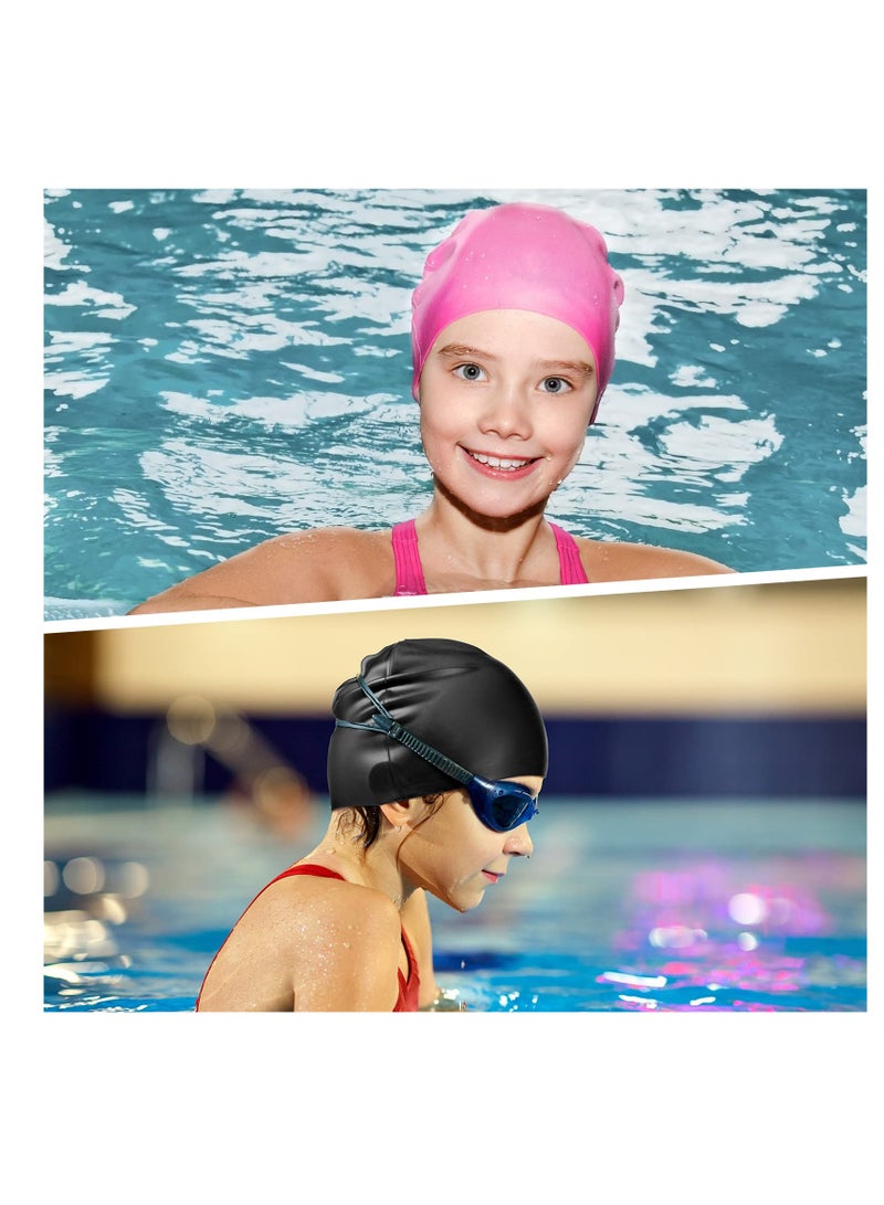 Excefore Kids Swim Cap for Boys Girls, Kids Swim Caps for Long Hair & Braids Silicone Swimming Cap, Large Waterproof Swim Hat, for Short/Long Hair to Keep Hair Dry (Pink, Blue, Black, 3 Pieces) - Image 4