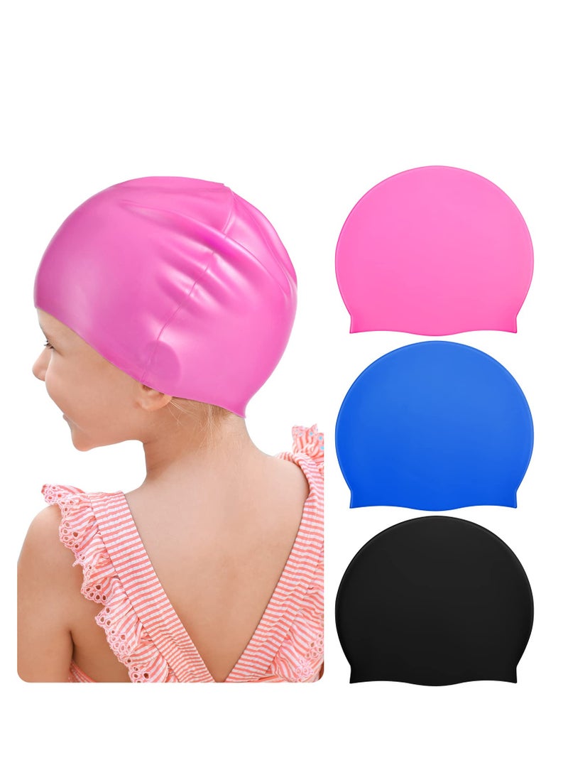 Excefore Kids Swim Cap for Boys Girls, Kids Swim Caps for Long Hair & Braids Silicone Swimming Cap, Large Waterproof Swim Hat, for Short/Long Hair to Keep Hair Dry (Pink, Blue, Black, 3 Pieces) - Image 1