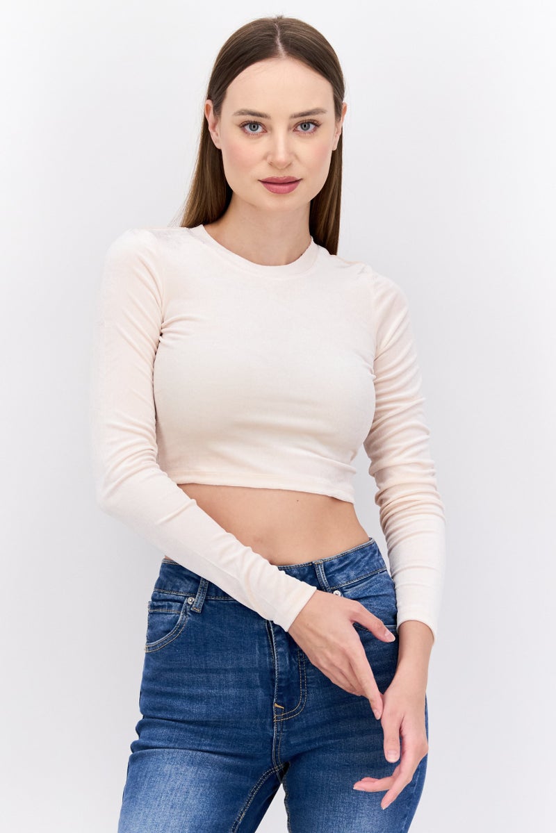 MONKI Women Round Neck Long Sleeve Solid Shirt, Orange Dusty Light - Image 1