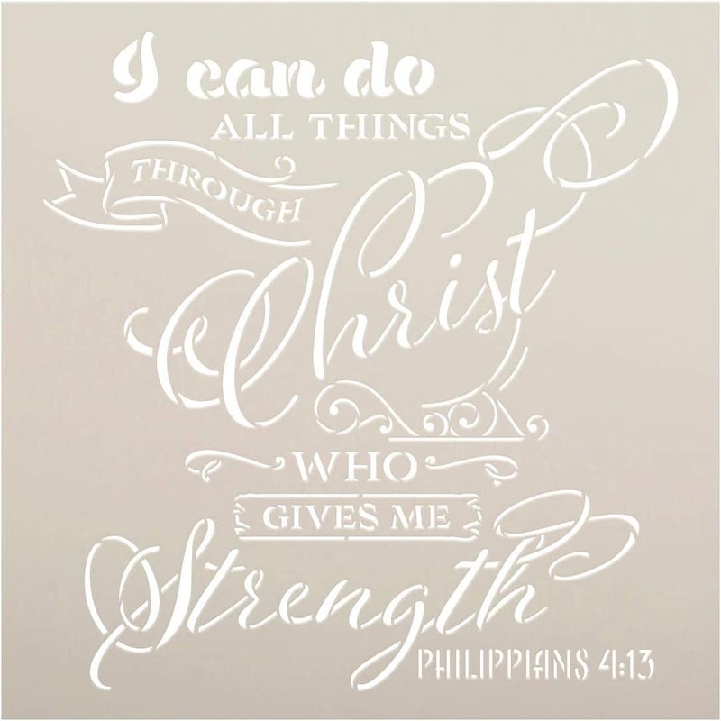 Ivanas I Can Do All Things Through Christ Script Stencil | Philippians 4:13 | DIY Faith Bible Verse Home Decor | Size (12 x 12 inch) - Image 1