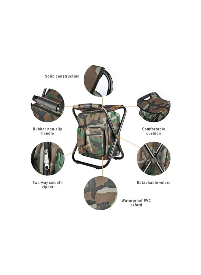 PROMASS Folding Stool Backpack Insulated Cooler Bag, Collapsible Camping Hunting Fishing Multifunction Chair With Front Pocket And Bottle Pocket For Outdoor Events, Hiking, Travel, Beach (Camouflage) - Image 5