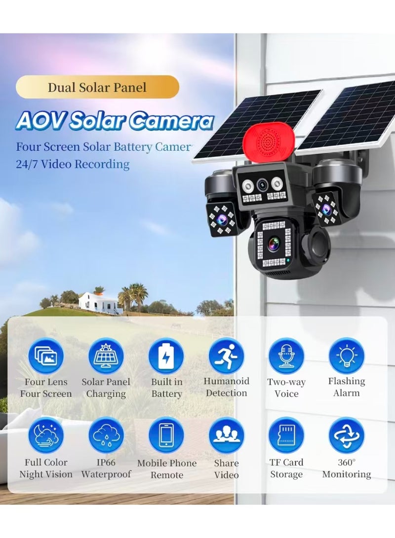 Generic AOV 20MP 8K Solar 4G Secruity Camera Four Triple Lens Four Views PTZ 360 Full Color Night Vision Outdoor PIR Human Detection，4 lenses show 4 views, motion detection + red - blue alerts, two - way talk—all - round! (With 128GB SD Card) - Image 2