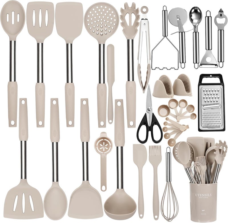 NCUE Silicone Cooking Utensils Set, 35 Pcs Kitchen Utensils Set with Holder, with Stainless Steel Handle Spatula Set, Spoons, Pasta Server, Cheese Grater, Masher, Scissors, Dishwasher Safe (Khaki) - Image 1