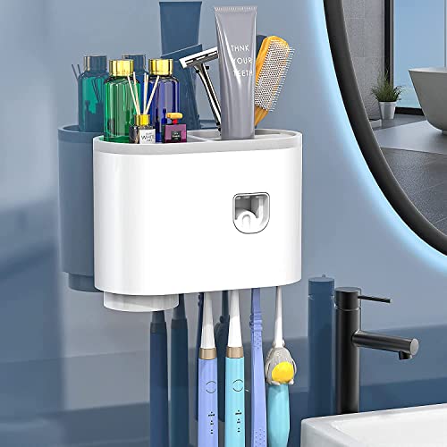 Tyzag Toothbrush Holder Wall Mounted, Toothbrush Holders for Bathroom, Toothpaste Dispenser with 4 Toothbrush Holder Hook (1 Cup) White - Acrylonitrile_Butadiene_Styrene - Image 1