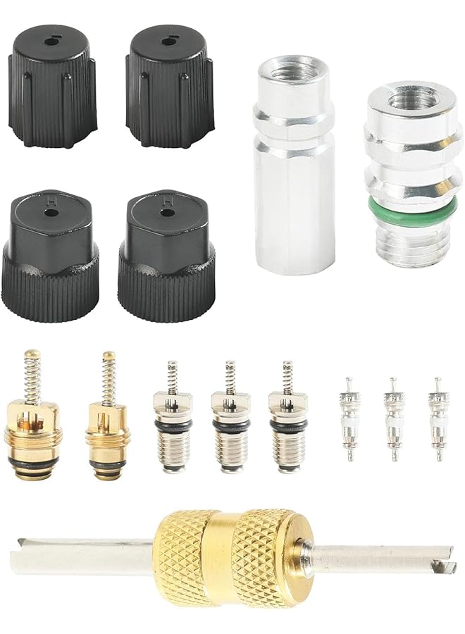 جويز مجموعة قلب صمام تكييف الهواء، مجموعة قلب صمام التبريد R12 R134A مع أختام تفلون، صمامات خدمة تكييف الهواء للتبريد، تتضمن أداة إزالة لصيانة نظام تكييف الهواء وتكييف الهواء في السيارة  - Image 1