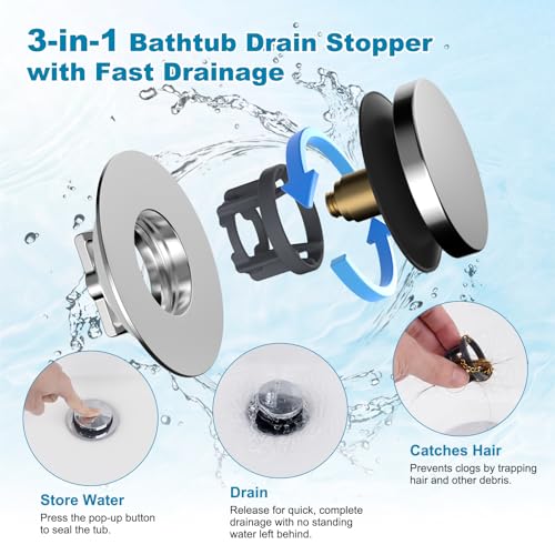 Hibbent 3 in 1 Metal Bathtub Drain Stopper Universal Pop Up Tub Stopper Bathtub Drain Hair Catcher Removable Filter Basket AntiClogging Drain Plug for 1524 Drain Brass Bullet Core Chrome - Image 3