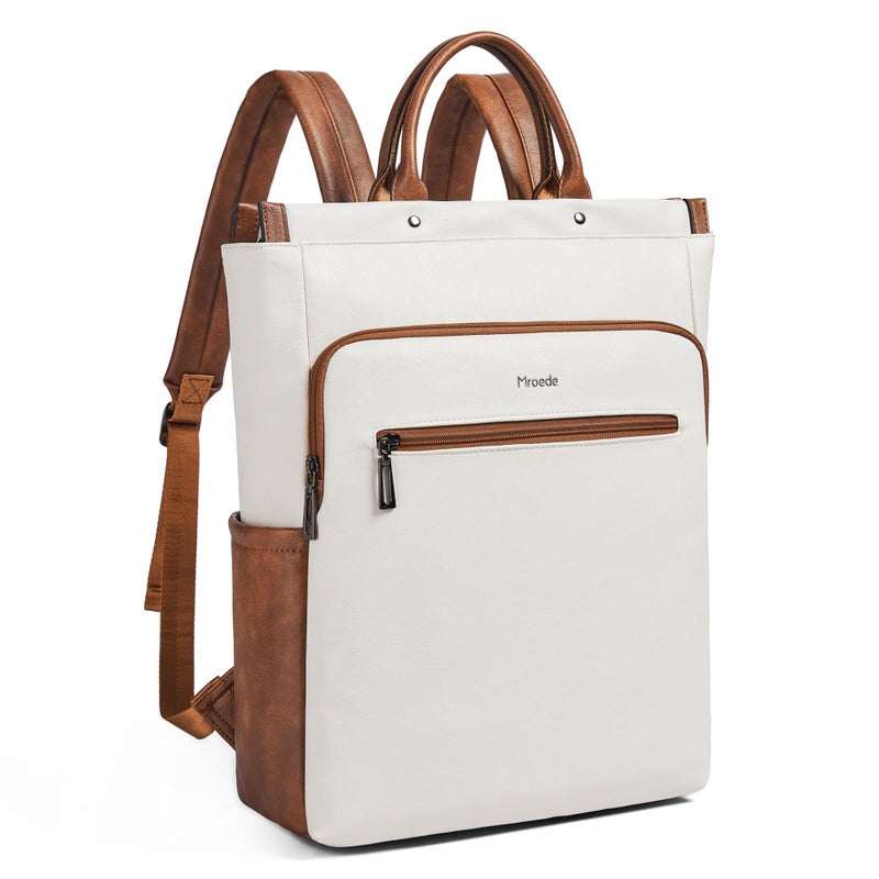 Mroede Leather Laptop Backpack for Women, Travel Backpack Purse Fits 15.6 Inch Laptop, Casual Daypack with Laptop Compartment for Teachers College Work Business Nurse Weekender, Beige Brown - Image 1