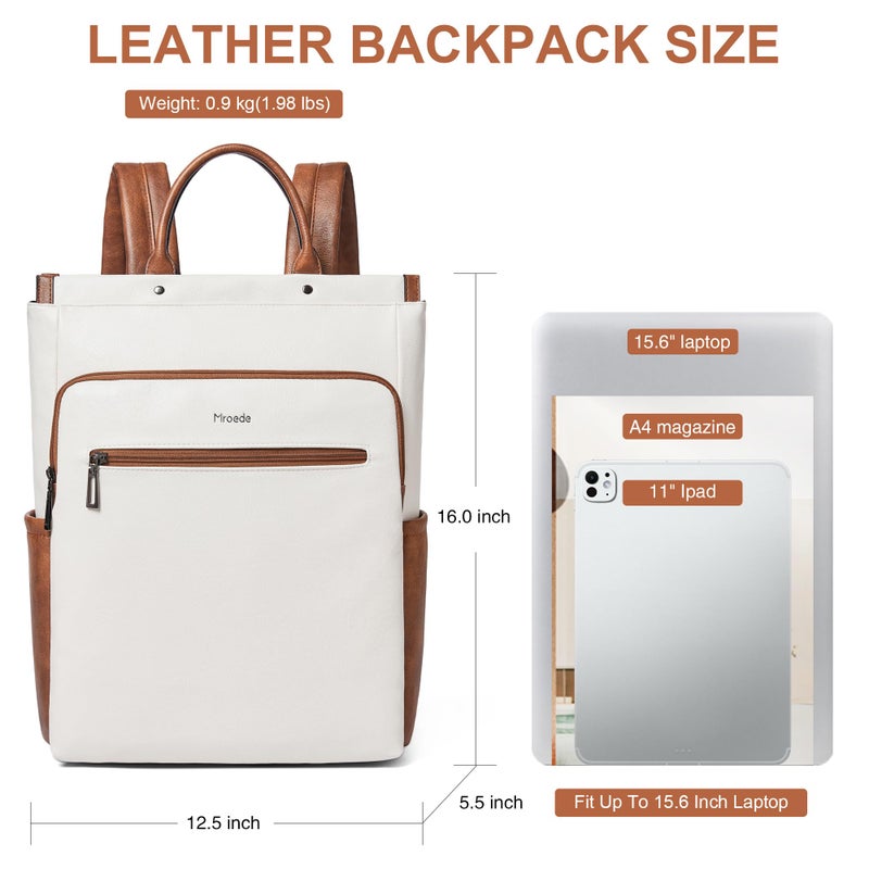 Mroede Leather Laptop Backpack for Women, Travel Backpack Purse Fits 15.6 Inch Laptop, Casual Daypack with Laptop Compartment for Teachers College Work Business Nurse Weekender, Beige Brown - Image 4
